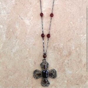 Red & Black Rhinestone Beaded Cross Necklace